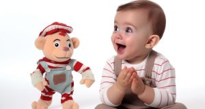 התמונה מציגה תינוק שמח היושב ומוחא כפיים בהתלהבות, מביט לעבר בובה רכה של קוף לבוש בבגדים אדומים ולבנים. הרקע לבן ונקי, מה שמדגיש את הנושא המרכזי של התמונה – **האינטראקציה החיובית של התינוק עם הצעצוע**. ### **משמעות התמונה:** - **גירוי רגשי וחושי** – התינוק מגיב בהתלהבות, דבר המעיד על חיבור רגשי או עניין מיוחד בצעצוע. - **למידה דרך משחק** – הבובה מספקת גירוי ויזואלי ומישושי שמעודד סקרנות והתנסות. - **שפת גוף חיובית** – מחיאת כפיים היא סימן לשמחה והתרגשות, מה שמעיד על אינטראקציה חיובית עם הצעצוע. - **חיזוק מוטוריקה וקואורדינציה** – המשחק מעודד את התינוק להפעיל את ידיו ולחקור את הסביבה. ### **שימושים אפשריים לתמונה:** - **תוכן על חשיבות צעצועים בהתפתחות רגשית ומוטורית**. - **מאמרים על אינטראקציה ולמידה באמצעות משחק**. - **חומרי שיווק לצעצועים המתאימים לגיל הרך**. - **מידע להורים על עידוד תקשורת רגשית באמצעות משחקים ובובות**. התמונה משדרת **שמחה, גירוי והתפתחות** והיא מתאימה לנושאים הקשורים להתפתחות תינוקות ולמידה חווייתית.