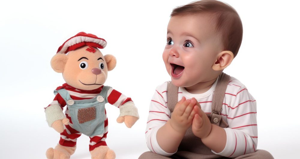 התמונה מציגה תינוק שמח היושב ומוחא כפיים בהתלהבות, מביט לעבר בובה רכה של קוף לבוש בבגדים אדומים ולבנים. הרקע לבן ונקי, מה שמדגיש את הנושא המרכזי של התמונה – **האינטראקציה החיובית של התינוק עם הצעצוע**. ### **משמעות התמונה:** - **גירוי רגשי וחושי** – התינוק מגיב בהתלהבות, דבר המעיד על חיבור רגשי או עניין מיוחד בצעצוע. - **למידה דרך משחק** – הבובה מספקת גירוי ויזואלי ומישושי שמעודד סקרנות והתנסות. - **שפת גוף חיובית** – מחיאת כפיים היא סימן לשמחה והתרגשות, מה שמעיד על אינטראקציה חיובית עם הצעצוע. - **חיזוק מוטוריקה וקואורדינציה** – המשחק מעודד את התינוק להפעיל את ידיו ולחקור את הסביבה. ### **שימושים אפשריים לתמונה:** - **תוכן על חשיבות צעצועים בהתפתחות רגשית ומוטורית**. - **מאמרים על אינטראקציה ולמידה באמצעות משחק**. - **חומרי שיווק לצעצועים המתאימים לגיל הרך**. - **מידע להורים על עידוד תקשורת רגשית באמצעות משחקים ובובות**. התמונה משדרת **שמחה, גירוי והתפתחות** והיא מתאימה לנושאים הקשורים להתפתחות תינוקות ולמידה חווייתית.