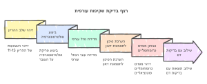 התמונה מתארת **רצף של בדיקות שקיפות עורפית** במהלך ההריון, המיועדות להערכת הסיכון למומים כרומוזומליים בעובר. התהליך מחולק לשלבים ברורים: 1. **זיהוי שלב ההריון**: מתבצע בין השבועות 11-13 של ההריון. 2. **ביצוע אולטרסונוגרפיה**: סקירה באמצעות אולטרסאונד לבחינת העובר. 3. **מדידת נוזל עורפי**: בדיקת עובי הנוזל בעורף העובר, המשמשת כאינדיקציה ראשונית לסיכון לתסמונת דאון ולמומים אחרים. 4. **הערכת סיכון לתסמונת דאון**: חישוב הסיכון המשולב בהתאם לתוצאות מדידת השקיפות ונתונים נוספים. 5. **אבחון מומים כרומוזומליים פוטנציאליים**: זיהוי מוקדם של בעיות כרומוזומליות או התפתחותיות. 6. **שילוב עם בדיקות דם**: שילוב תוצאות בדיקת השקיפות עם בדיקות דם (כגון סקר ביוכימי) לשם הערכת סיכון כוללת. התמונה מדגישה את הרצף ההגיוני והמקושר בין השלבים ואת תרומתה של כל בדיקה להבנה מעמיקה יותר של מצב העובר וההריון.